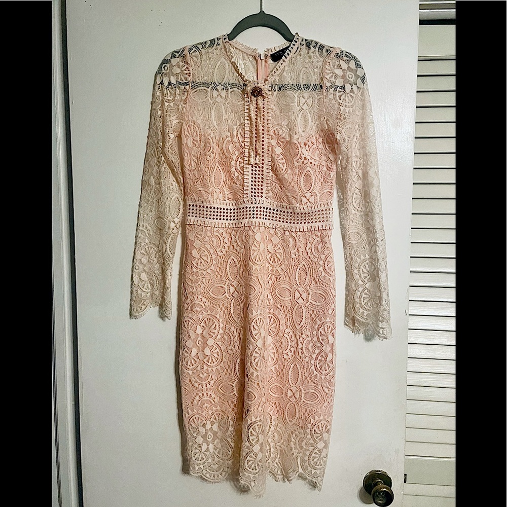 FEW MODA Pink Lace Dress with Lace Cutouts